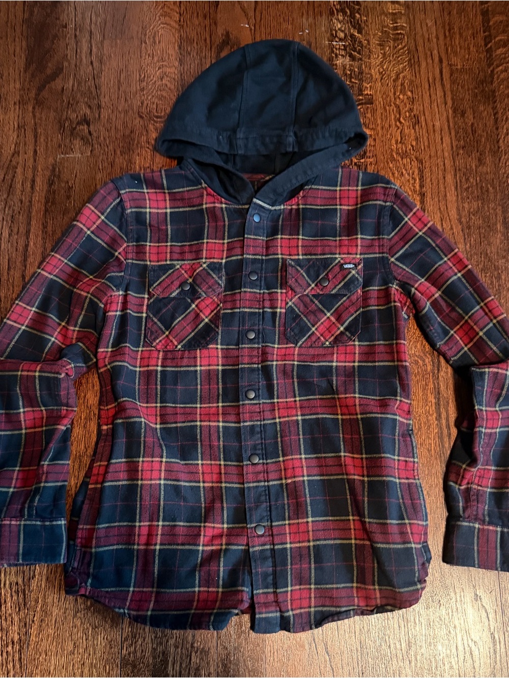 Vans boys Red and Black Plaid Button-Down Hooded flannel